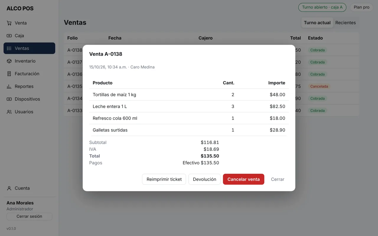 Pantalla de Historial de ventas en ALCO POS